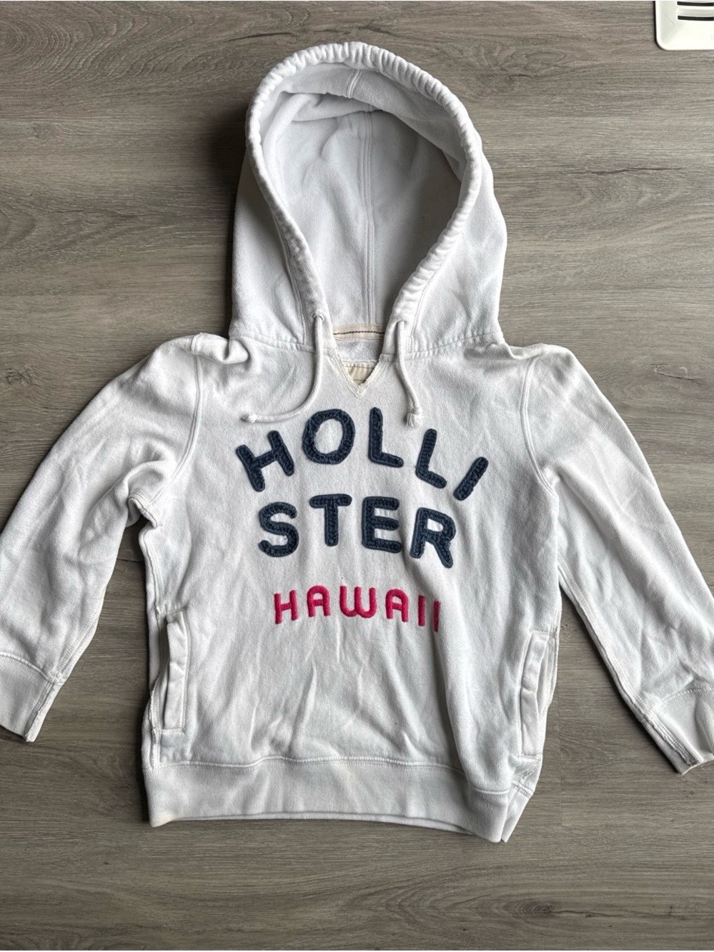 Hollister White V-neck Hoodie with Navy & Pink Lettering